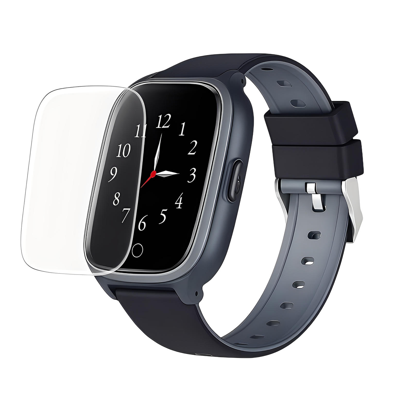 Une SW-9437 by Ismartwatch® noire affiche une horloge analogique, partiellement recouverte par l'un des 5x Protecteurs d'Écran Ultra-Résistants Tactile Anti-Rayures, assurant une protection quotidienne contre les rayures. Le bracelet sombre est doté d'une boucle argentée.