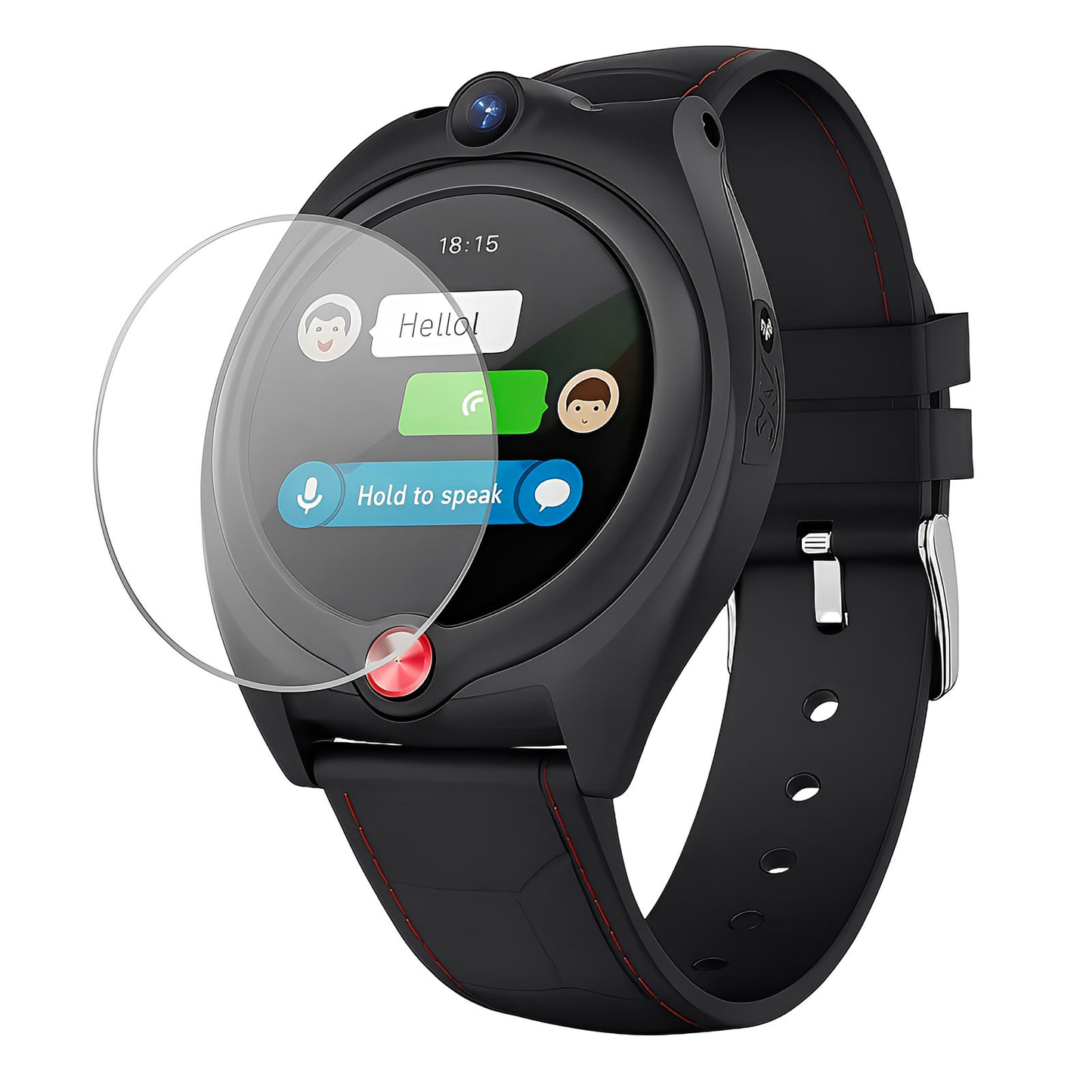 Une Ismartwatch® SW-9401 noire avec un écran rond affiche une application de chat et un bouton "Hold to speak", tandis qu'un Écran Film Anti-Rayures Tactile Confortable 5x Protection recouvre partiellement l'écran.