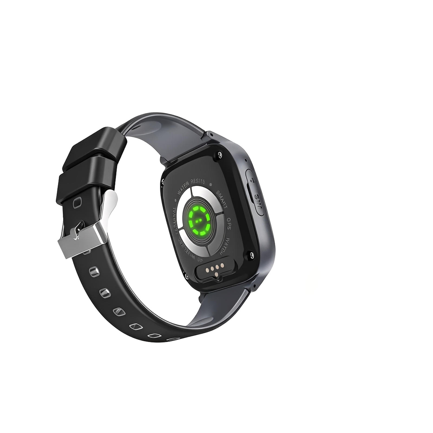L'Ismartwatch® Montre Connectée Enfant GPS 4G SécuriKid+ est dotée d'un bracelet noir, de capteurs arrière visibles avec un témoin vert de fréquence cardiaque, et d'un GPS de localisation pour une sécurité accrue.