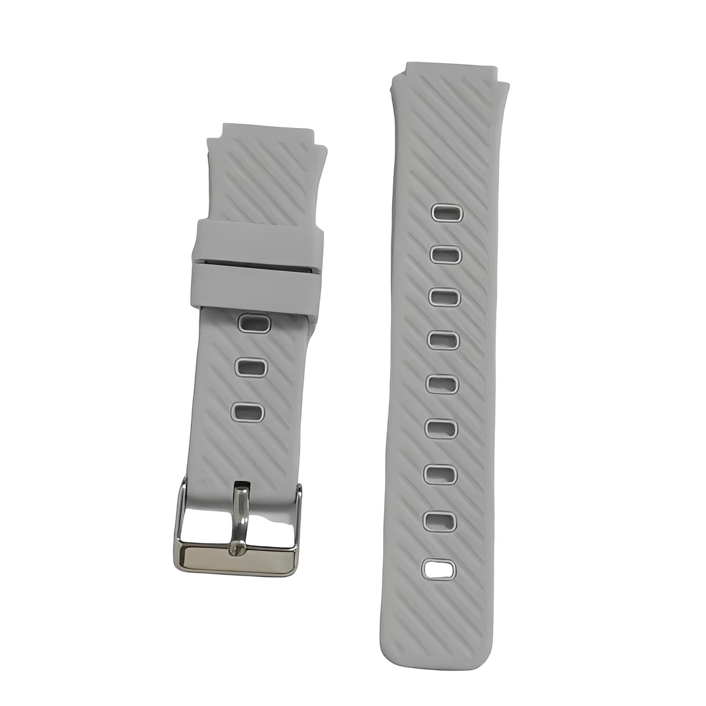 Deux bracelets en silicone gris clair Ismartwatch® pour montre SW-8185, ornés de lignes diagonales, l'un avec boucle argentée, l'autre à plusieurs trous d'ajustement, sont présentés côte à côte sur fond blanc.