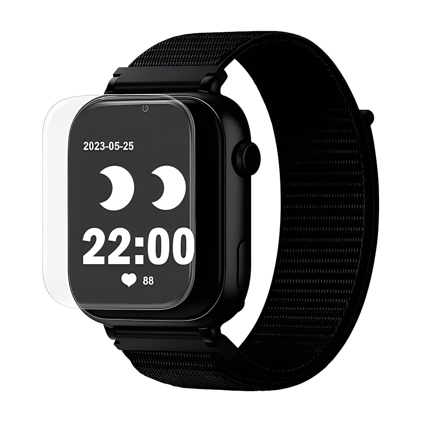 Une Ismartwatch® SW-9417 noire à écran rectangulaire affiche la date 2023-05-25, 22:00, l'icône du cœur (88) et deux croissants de lune. Un 5x Protections Écran Incassables PET ultra-fin anti-rayures d'Ismartwatch® plane au-dessus.