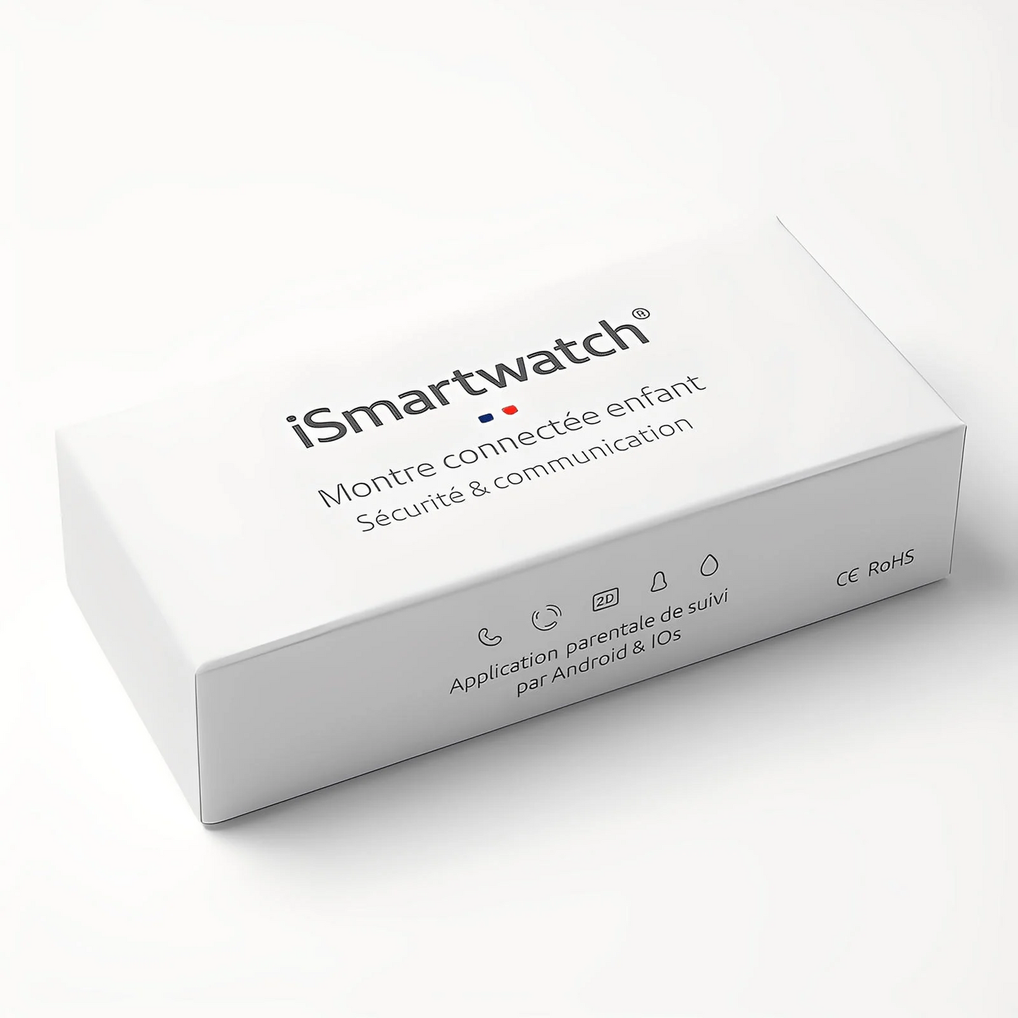 Boîte blanche étiquetée Ismartwatch® Montre Connectée Enfant GPS 4G KidGo avec un texte en français soulignant la sécurité, la communication, les jeux éducatifs. Les icônes indiquent l'application de contrôle parental (Android/iOS) et les appels vidéo 4G. La boîte repose sur une surface blanche.