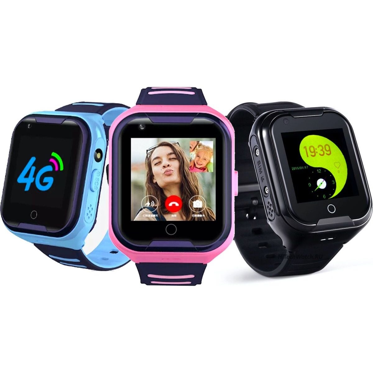 Trois montres connectées enfant GPS 4G SW-8167 en bleu, rose et noir avec affichage numérique