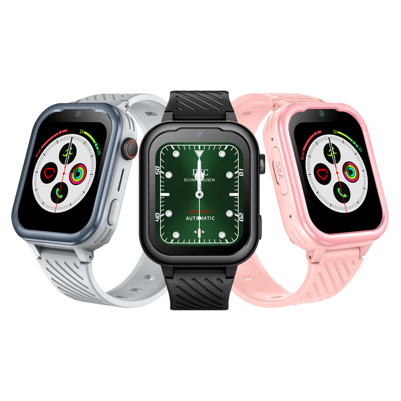 Trois montres connectées enfant GPS 4G SW-8185 avec bandes argent, noir et rose