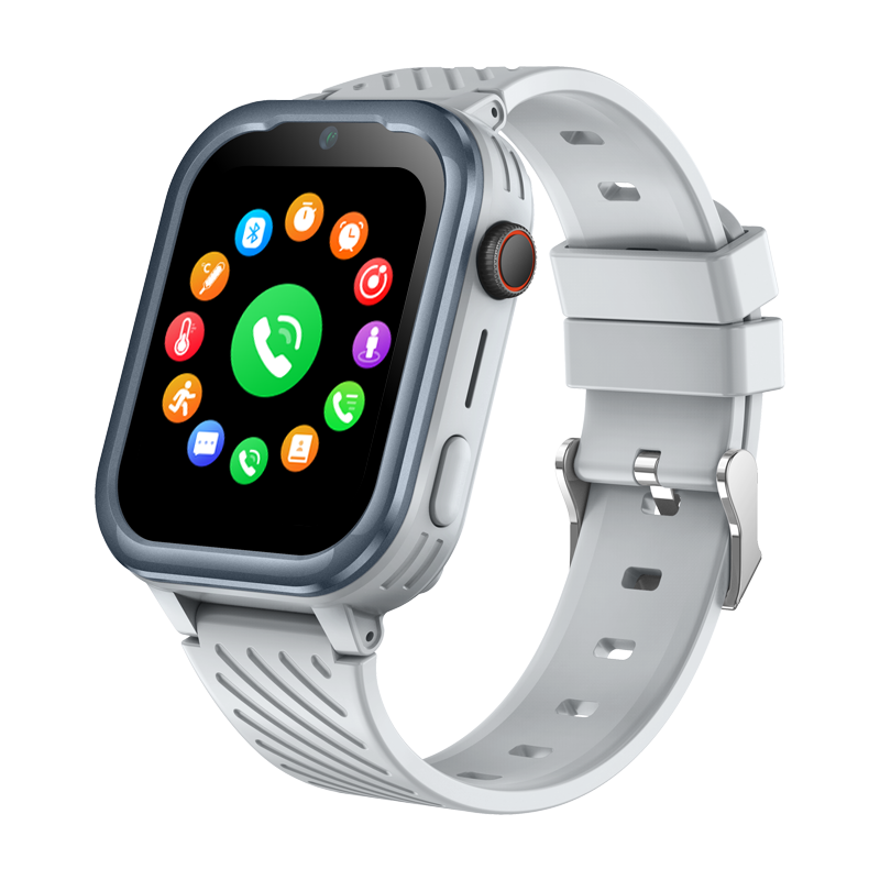 Montre Connectée Enfant GPS 4G SW-8185 avec un bracelet gris et icônes colorées