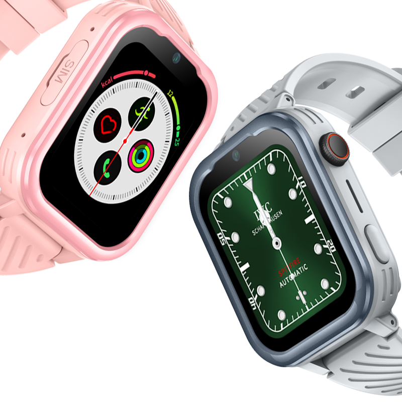 Deux montres connectées enfant GPS 4G SW-8185 en rose et gris avec affichage numérique