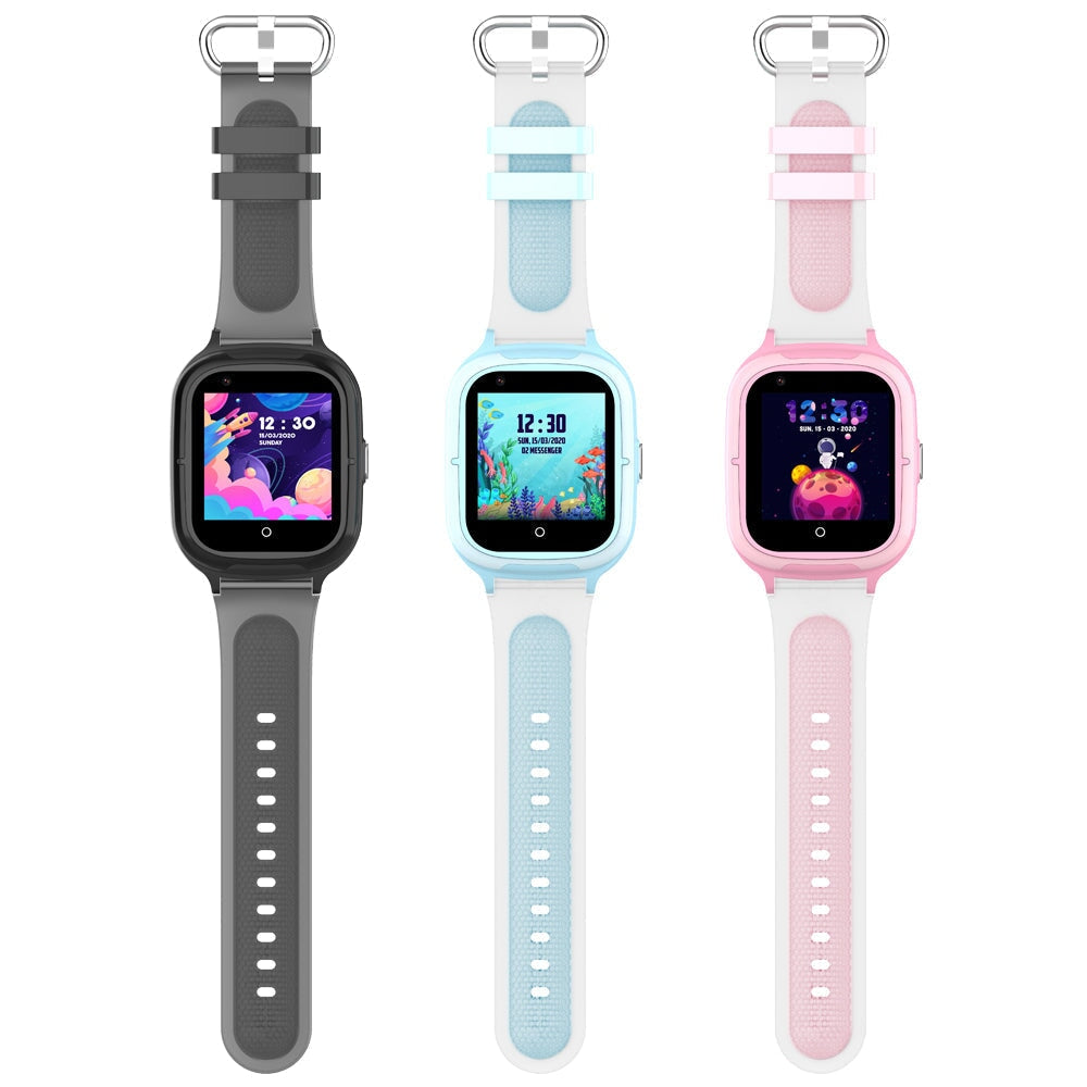 Trois montres connectées enfant GPS 4G SW-8258 avec écrans colorés et bracelets variés