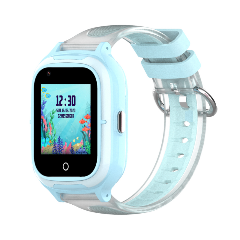 Montre connectée enfant GPS 4G SW-8258 de couleur bleu clair avec bracelet transparent