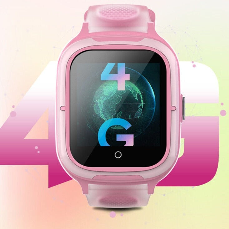 Montre connectée enfant GPS 4G SW-8258 rose avec écran digital foncé affichant 4G