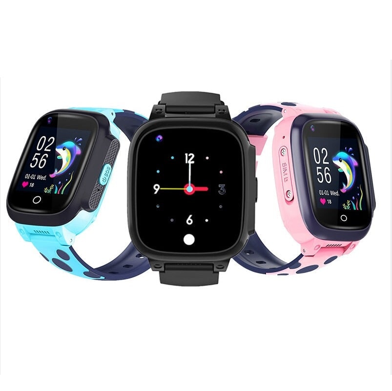 Trois montres connectées enfant GPS 4G SW-9158 en bleu, noir et rose