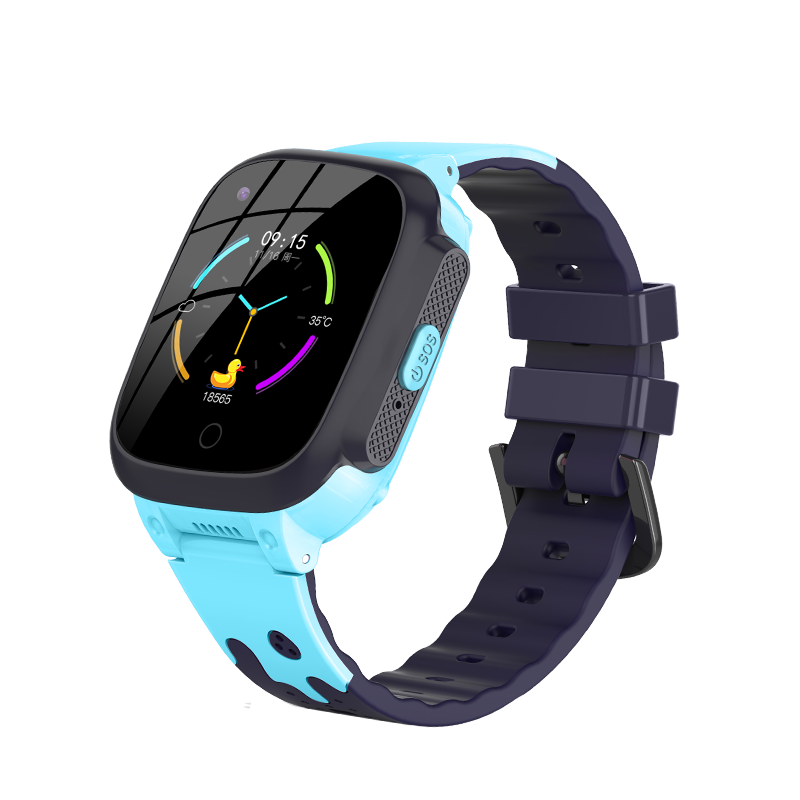 Montre connectée enfant GPS 4G SW-9158 avec bracelet en caoutchouc bleu et noir