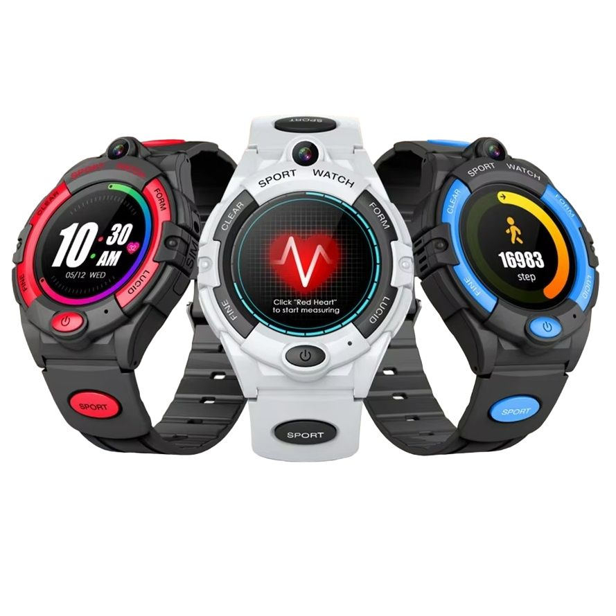 Trois montres connectées enfant GPS 4G SW-9401 en rouge, blanc et bleu