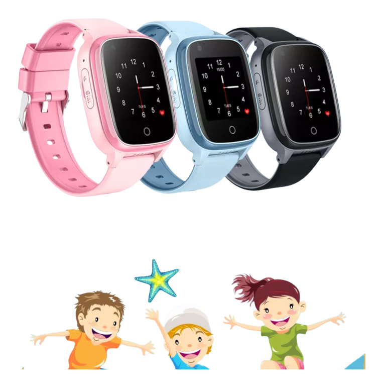 Trois montres connectées enfant GPS 4G SW-9437 en rose, bleu et noir avec affichage numérique