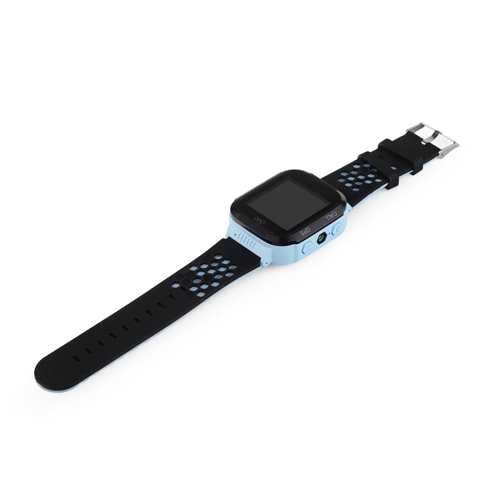 Montre connectée enfant GPS SW-5129, bleu clair avec bracelet perforé noir, permet aux enfants