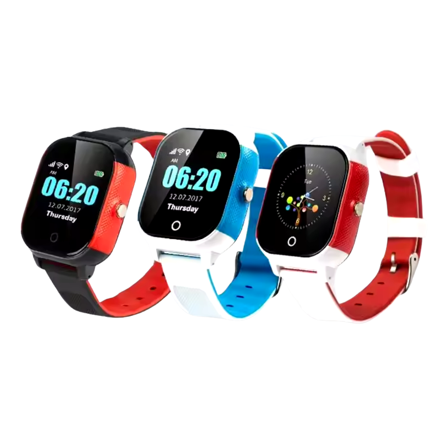 Trois montres connectées enfant avec écrans numériques et bracelets colorés