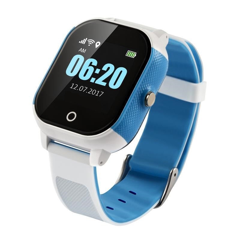 Montre Connectée Enfant GPS SW-7833 avec bracelet bleu et blanc affichant l’heure