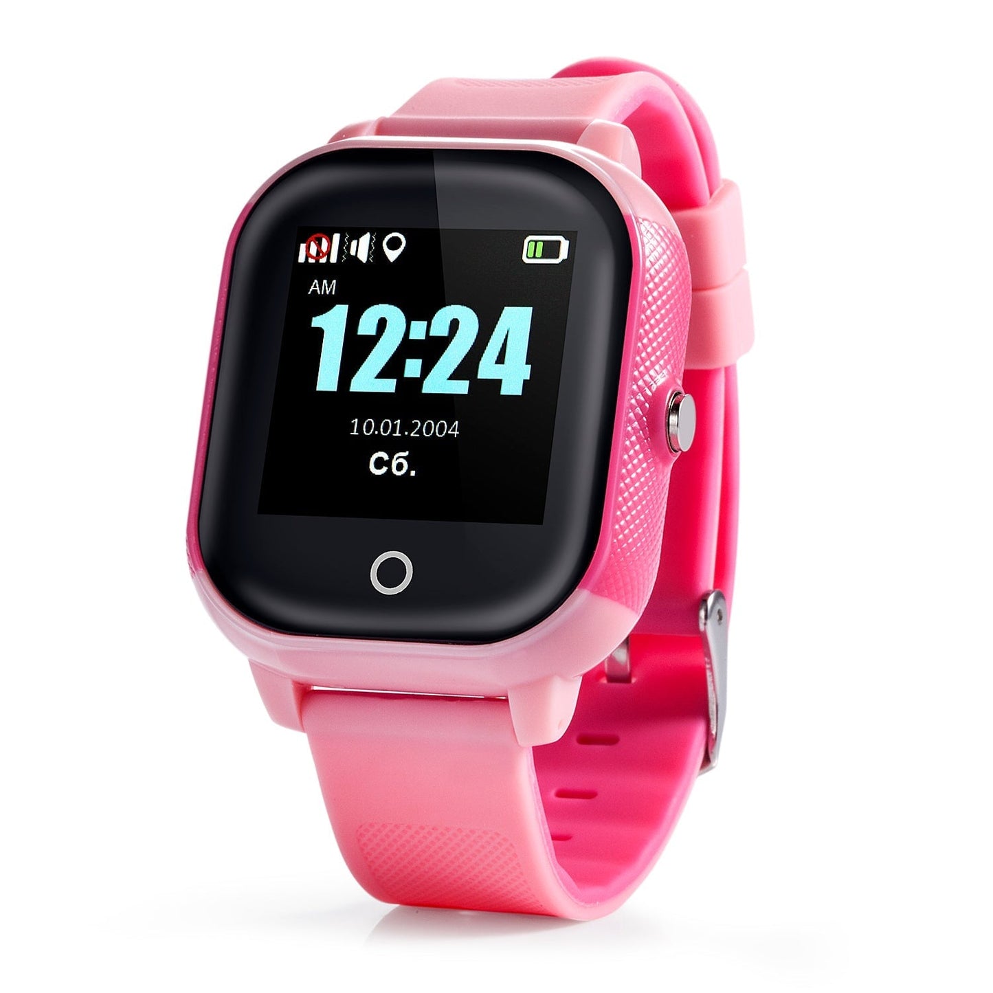 Montre Connectée Enfant GPS SW-7833 rose affichant l’heure 12:24 sur son écran digital