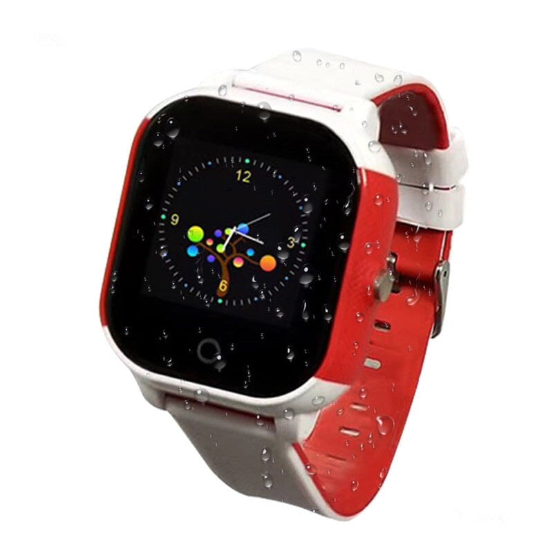 Montre Connectée Enfant GPS SW-7833 avec un bracelet rouge et blanc affichant l’heure