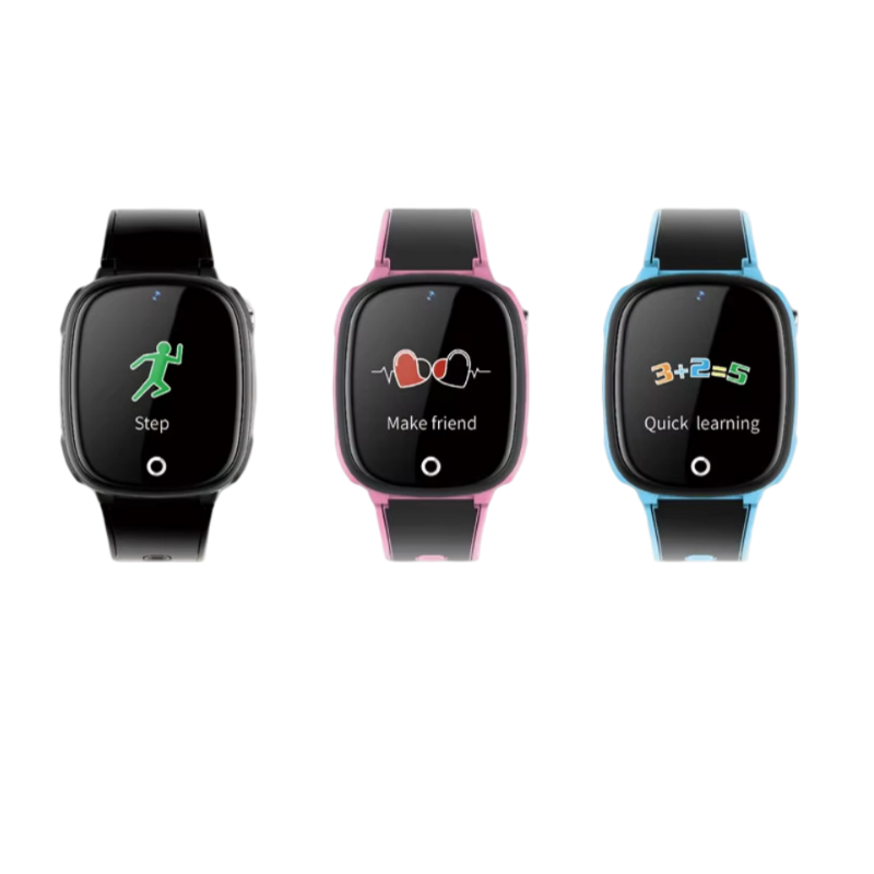 Trois montres connectées enfant affichant des icônes sur leurs écrans colorés