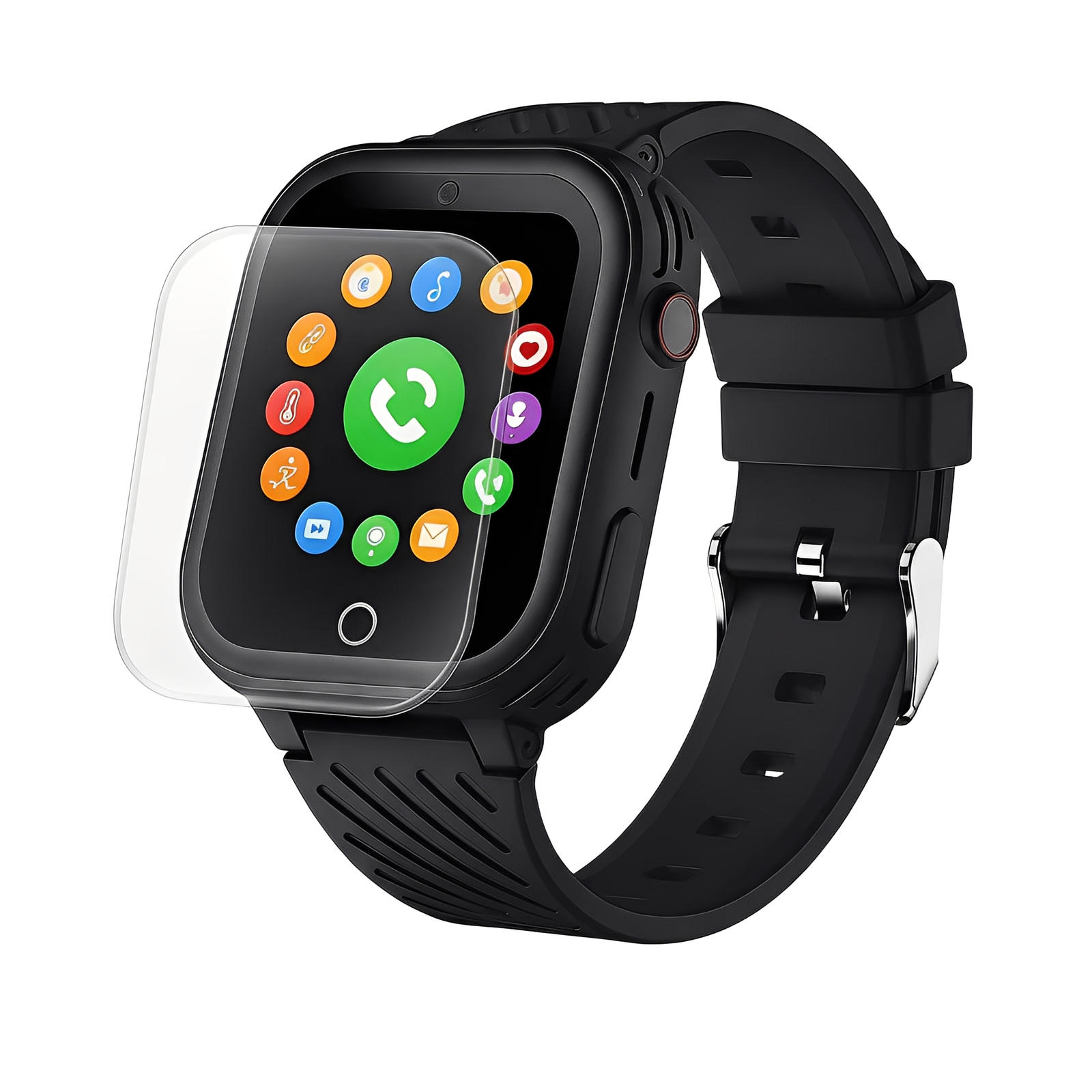 Une smartwatch noire avec un bracelet en silicone affiche des icônes d'applications vibrantes, tandis que le film Ismartwatch® Protection Écran Tactile Haute Sensibilité SW-8185 Anti-Rayures recouvre partiellement l'écran, mettant en valeur sa protection contre les rayures.