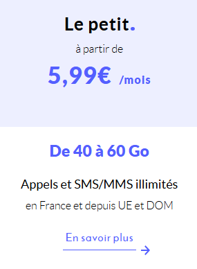 Informations de tarification pour un forfait mobile incluant carte SIM, 40-60 Go à 5,99€.