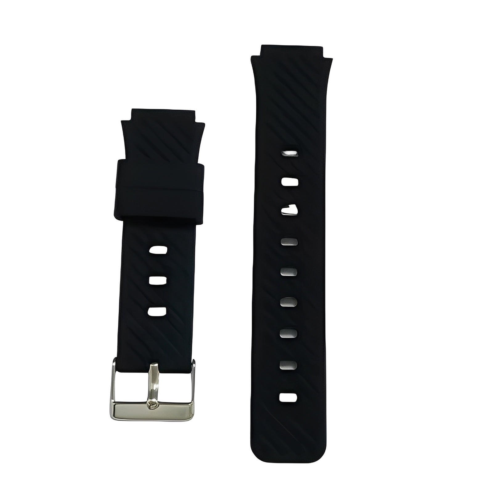 Deux bracelets en silicone Ismartwatch® SW-8185 noirs sont présentés : l'un avec une boucle argentée, l'autre avec des trous de réglage - parfait comme bracelet de remplacement de 20 mm pour les smartwatches des enfants.
