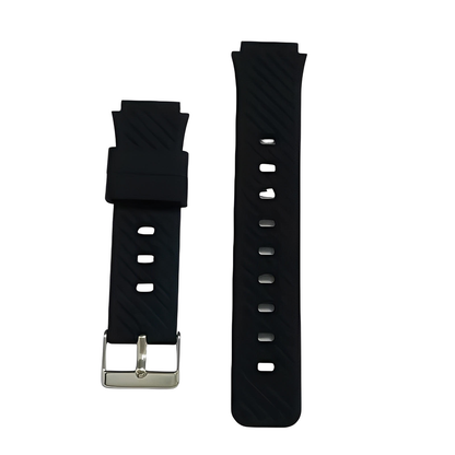 Deux bracelets en silicone Ismartwatch® SW-8185 noirs sont présentés : l'un avec une boucle argentée, l'autre avec des trous de réglage - parfait comme bracelet de remplacement de 20 mm pour les smartwatches des enfants.
