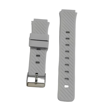 Deux bracelets en silicone gris clair Ismartwatch® pour montre SW-8185, ornés de lignes diagonales, l'un avec boucle argentée, l'autre à plusieurs trous d'ajustement, sont présentés côte à côte sur fond blanc.