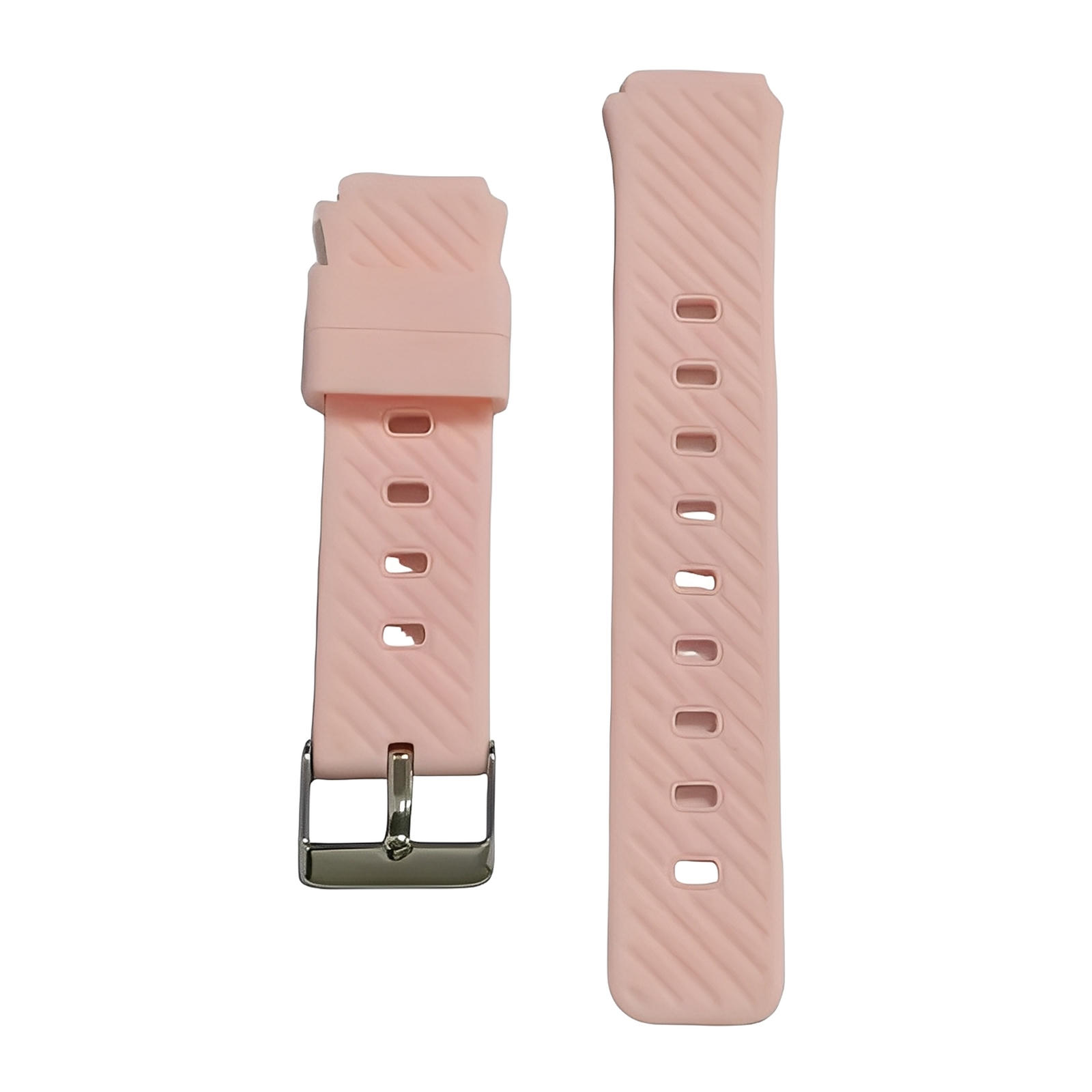 Le Bracelet de Remplacement Silicone Robuste SW-8185 d'Ismartwatch®, en rose clair avec un design diagonale texturé, s'adapte aux bracelets de 20 mm et est parfait pour les montres connectées enfant. Inclut des options avec boucle argentée ou trous d'ajustement multiples.