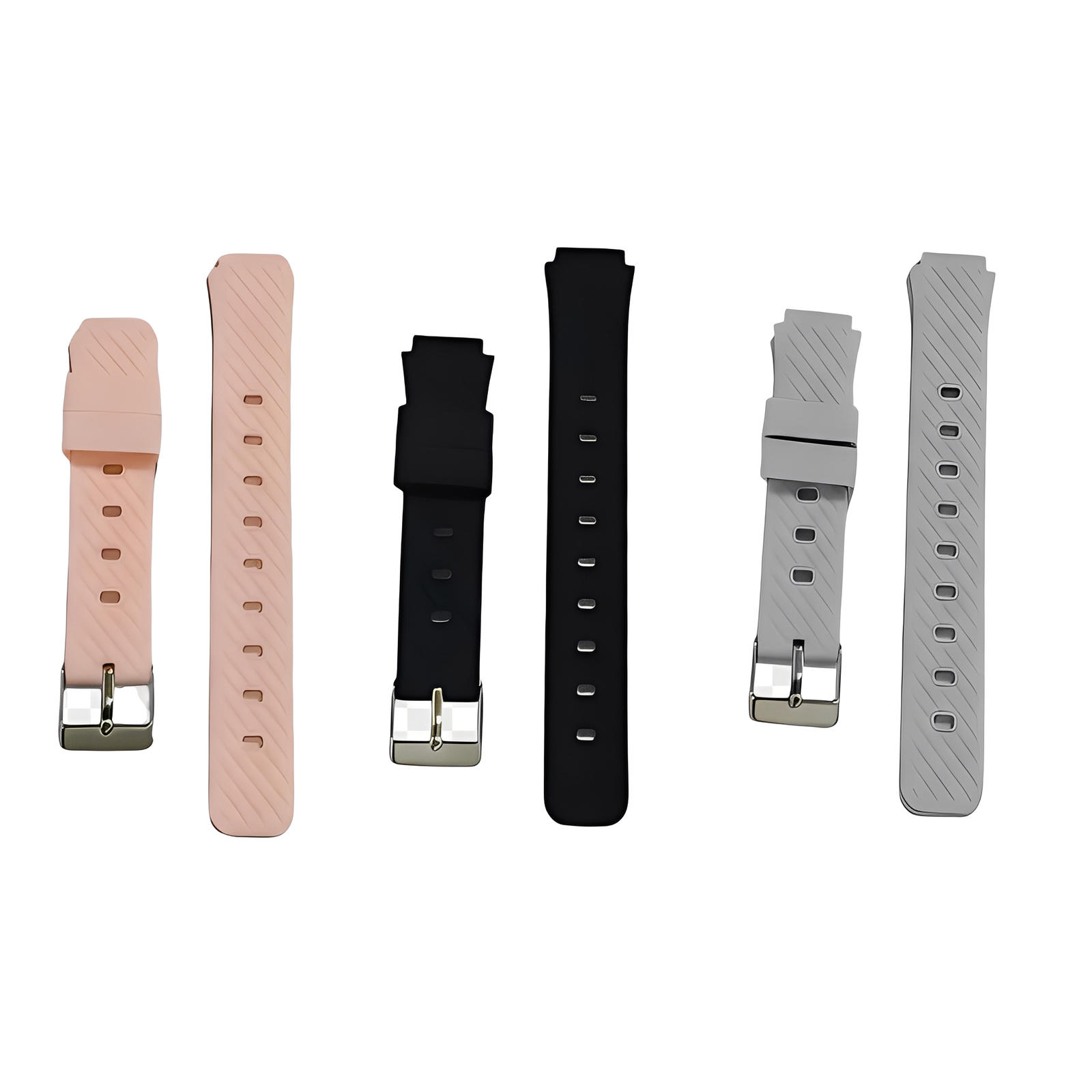 Le Ismartwatch® Bracelet de Remplacement Silicone Robuste pour Montre Connectée Enfant SW-8185 est présenté en rose, noir et gris - chacun avec deux pièces et des boucles argentées - disposés côte à côte sur un fond blanc.