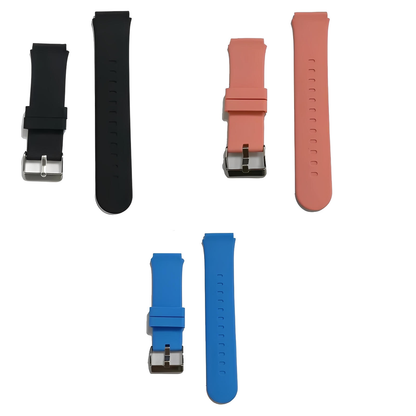 Quatre paires de Bracelet de Remplacement Universel 20mm pour Montre Connectée Enfant SW-9437 par Ismartwatch®, en silicone noir, rose et bleu - chaque paire est composée de deux pièces - sont représentées sur un fond blanc. Compatible avec le SW-9437, convient aux montres de 20 mm.