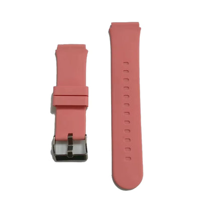 Deux bracelets de remplacement en silicone rose Ismartwatch® 20 mm pour les smartwatches pour enfants SW-9437, SW-7651, SW-8258, SW-8167 et SW-9417 sont présentés côte à côte : l'un avec une boucle en métal et l'autre avec plusieurs trous de réglage sur un fond blanc.