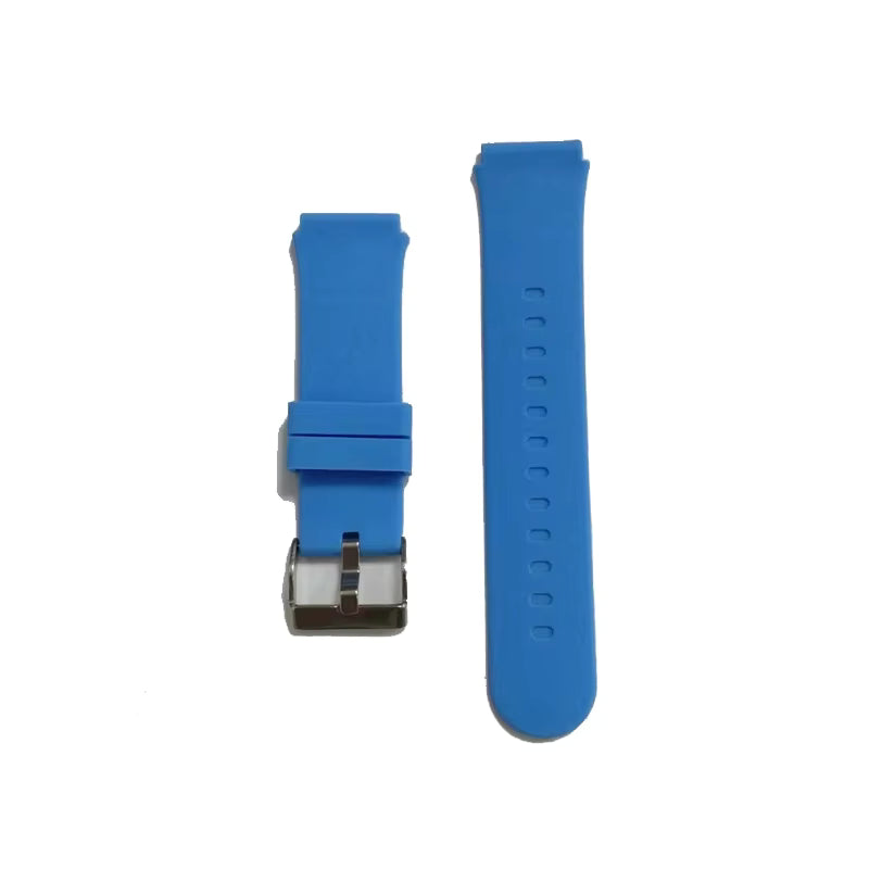 Deux bracelets de remplacement Ismartwatch® 20mm en silicone bleu pour smartwatches pour enfants, modèles SW-9437, SW-7651, SW-8258, SW-8167, et SW-9417, présentés côte à côte avec boucle métallique et trous de réglage sur fond blanc.