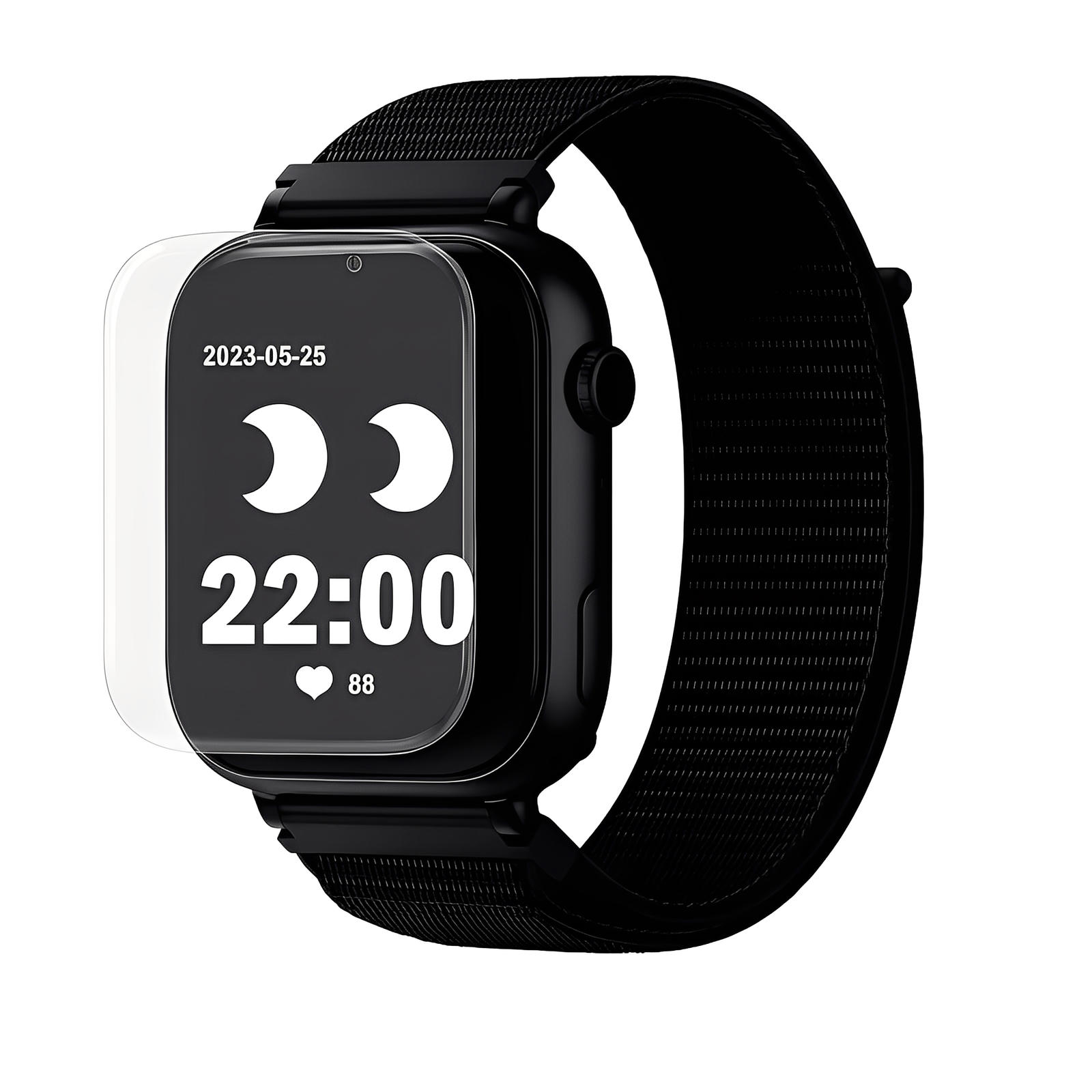 Une Ismartwatch® SW-9417 noire à écran rectangulaire affiche la date 2023-05-25, 22:00, l'icône du cœur (88) et deux croissants de lune. Un 5x Protections Écran Incassables PET ultra-fin anti-rayures d'Ismartwatch® plane au-dessus.