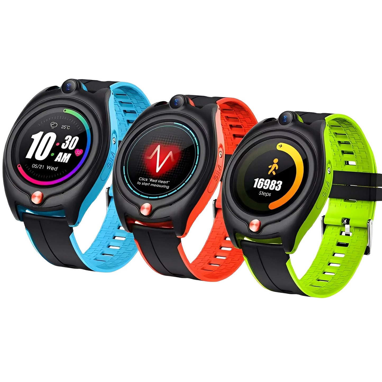 L'Ismartwatch® Montre Connectée Enfant GPS 4G Sportwatch+ est dotée de bracelets bleu, orange et vert. Chaque montre intelligente pour enfants est dotée d'un cadran noir affichant l'heure et la date, le graphique de la fréquence cardiaque, le nombre de pas et comprend divers outils de suivi de la condition physique.