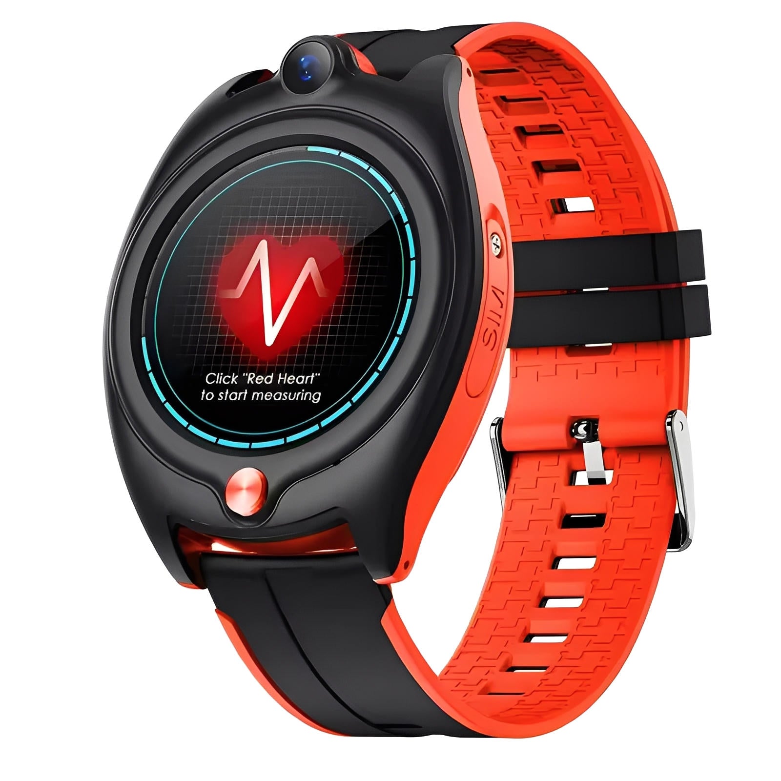 L'Ismartwatch® Montre Connectée Enfant GPS 4G Sportwatch+ est dotée d'un écran rond noir et rouge, d'un cardiofréquencemètre, d'un appareil photo sur le dessus, d'un bracelet texturé orange et d'un système de suivi intelligent conçu pour les enfants.