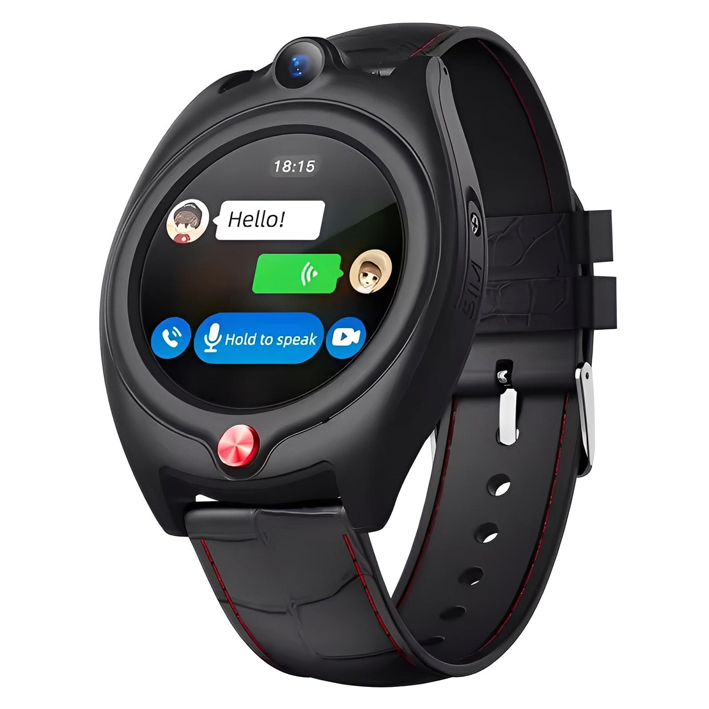 L'Ismartwatch® Montre Connectée Enfant GPS 4G Sportwatch+ en noir a un cadran rond, affiche une application de messagerie avec "Hello !" et un bouton bleu "Hold to speak", ainsi qu'un appareil photo au-dessus de l'écran et un bouton rouge en dessous.