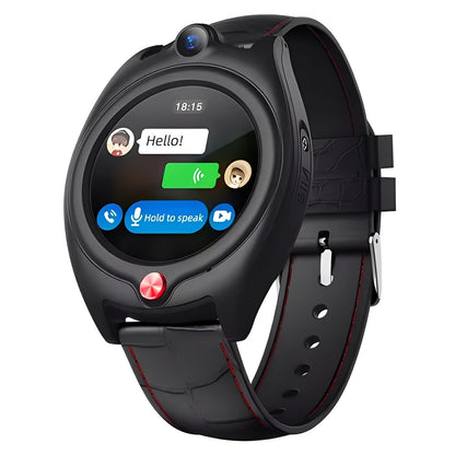 L'Ismartwatch® Montre Connectée Enfant GPS 4G Sportwatch+ en noir a un cadran rond, affiche une application de messagerie avec "Hello !" et un bouton bleu "Hold to speak", ainsi qu'un appareil photo au-dessus de l'écran et un bouton rouge en dessous.