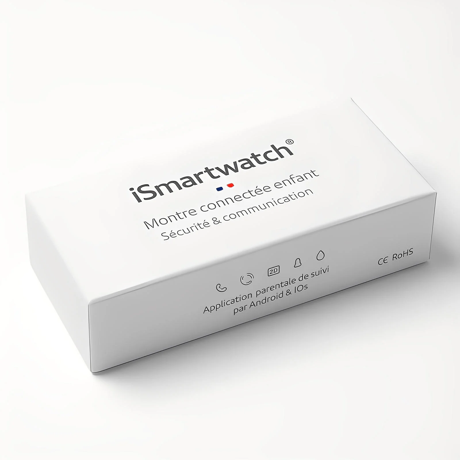 Boîte blanche étiquetée Ismartwatch® Montre Connectée Enfant GPS 4G KidGo avec un texte en français soulignant la sécurité, la communication, les jeux éducatifs. Les icônes indiquent l'application de contrôle parental (Android/iOS) et les appels vidéo 4G. La boîte repose sur une surface blanche.