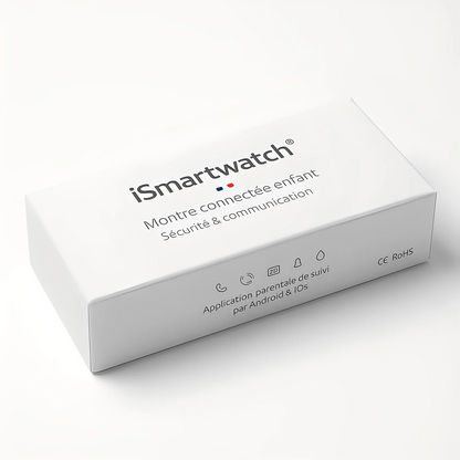 Boîte blanche étiquetée Ismartwatch® Montre Connectée Enfant GPS 4G KidGo avec un texte en français soulignant la sécurité, la communication, les jeux éducatifs. Les icônes indiquent l'application de contrôle parental (Android/iOS) et les appels vidéo 4G. La boîte repose sur une surface blanche.