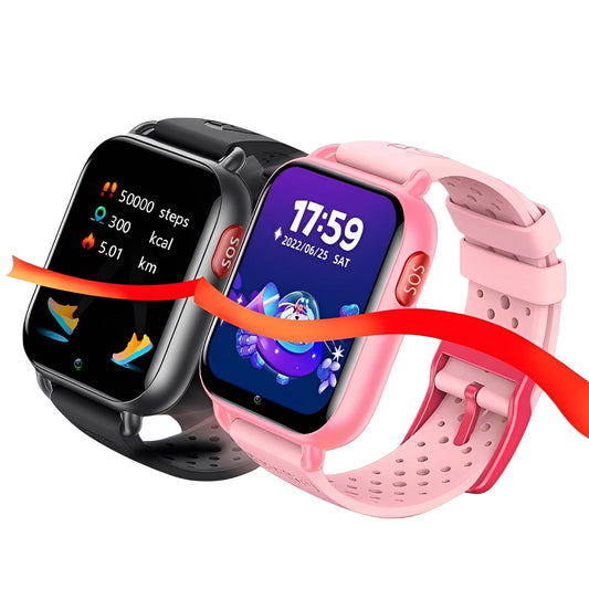 Deux Montre Connectée Ado 4G GPS AdoLink+ by Ismartwatch®, en noir et rose, montrent des écrans vibrants traversant un ruban rouge, mettant en évidence le suivi de la condition physique plus appels et messages sur cette smartwatch enfant compatible avec les applications Android.
