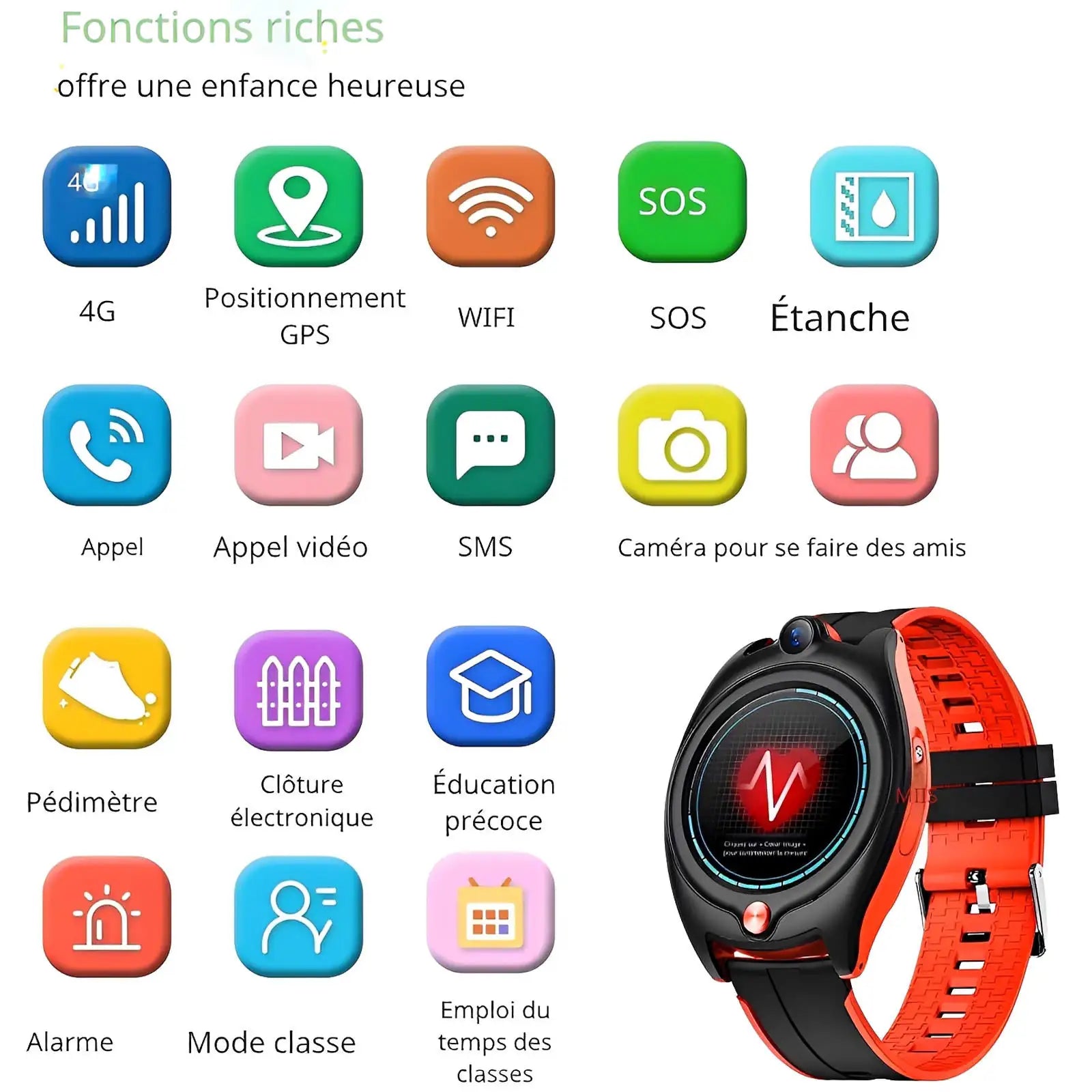Montre Connectée Enfant capteur fréquence cardiaque et GPS 4G  | Sportwatch+ SW9401
